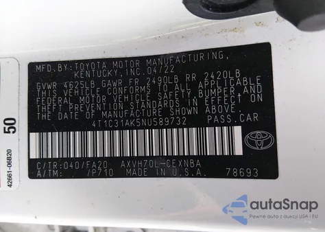 2022 Toyota Camry Le Hybrid из США, поврежденный, VIN 4T1C31AK5NU589732